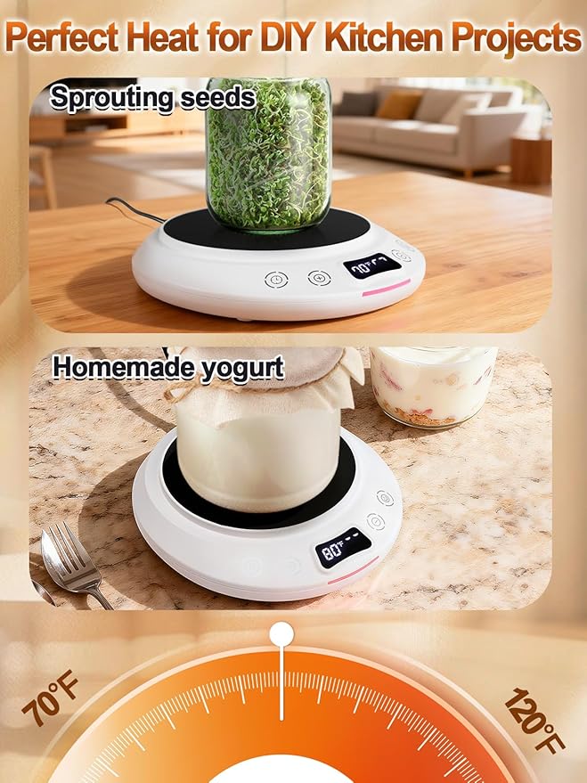 Sourdough Starter Warmer Kit - Precise 1°F Temperature (70~120°F Range) & 0~24H Timer Control Dough Heating Mat with 2 Thermometer Strips, Bread Baking Supplies Gifts, White
