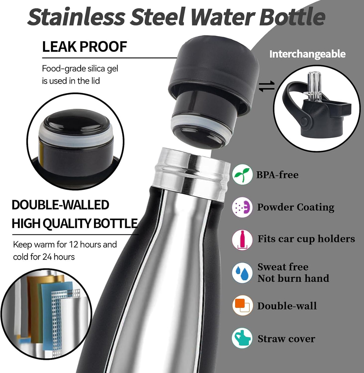 Insulated Water Bottle, 12oz Stainless Steel Water Bottles with straw lid, Metal Sports Water Bottles for Boys,Girls, Double Wall Vacuum BPA-Free Flask for School, Sports &amp; Travel-Black