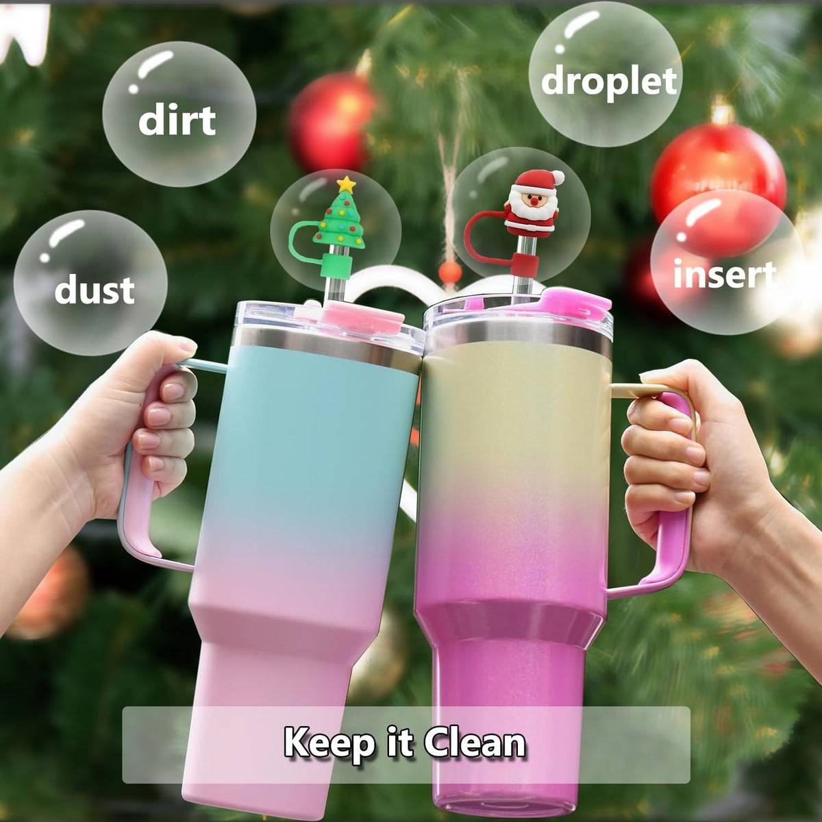 8PCS Christmas Straw Toppers for Stanley Cup Holiday Straw Cover for Stanley 30oz &amp; 40oz Tumbler with Handle,10 mm Silicone Straws Topper Cap for Party Favor