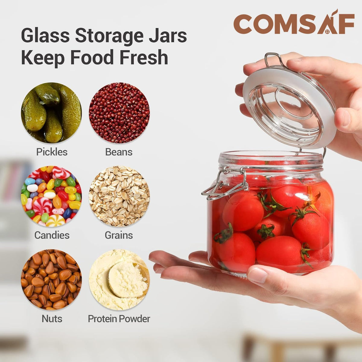ComSaf 25oz Airtight Glass Canisters with Lids Set of 6, Square Food Storage Jar Container with Clamp Lids for Kitchen Canning Cereal Coffee Pasta Sugar Beans Spice, Clear Mason Jars with 12 Labels
