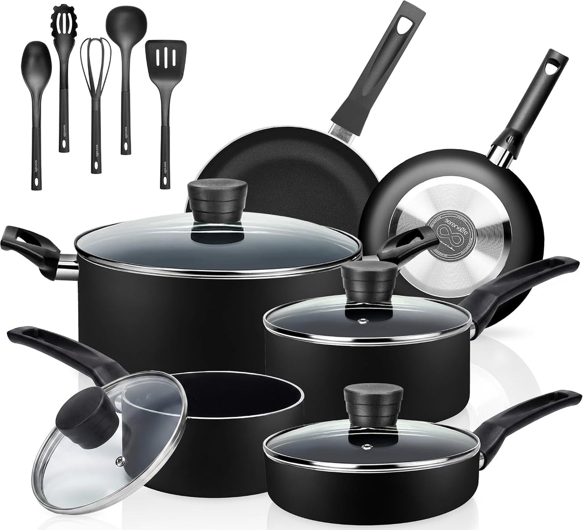 15-Piece Nonstick Kitchen Cookware Set - PTFE/PFOA/PFOS Free Heat Resistant Lacquer Kitchen Ware Pots Pan Set w/Bakelite Handles, Saucepan, Frying Pans, See-through Lid - SereneLife SLCW15BLK (Black)