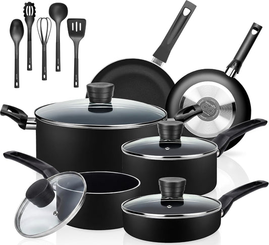 15-Piece Nonstick Kitchen Cookware Set - PTFE/PFOA/PFOS Free Heat Resistant Lacquer Kitchen Ware Pots Pan Set w/Bakelite Handles, Saucepan, Frying Pans, See-through Lid - SereneLife SLCW15BLK (Black)