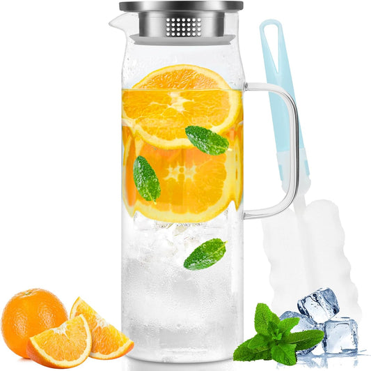 Yirilan Glass Pitcher, 1.5liter Glass Pitcher With Lid, Carafes and Pitchers, Iced Tea Pitcher, Water Carafe With Handle,
