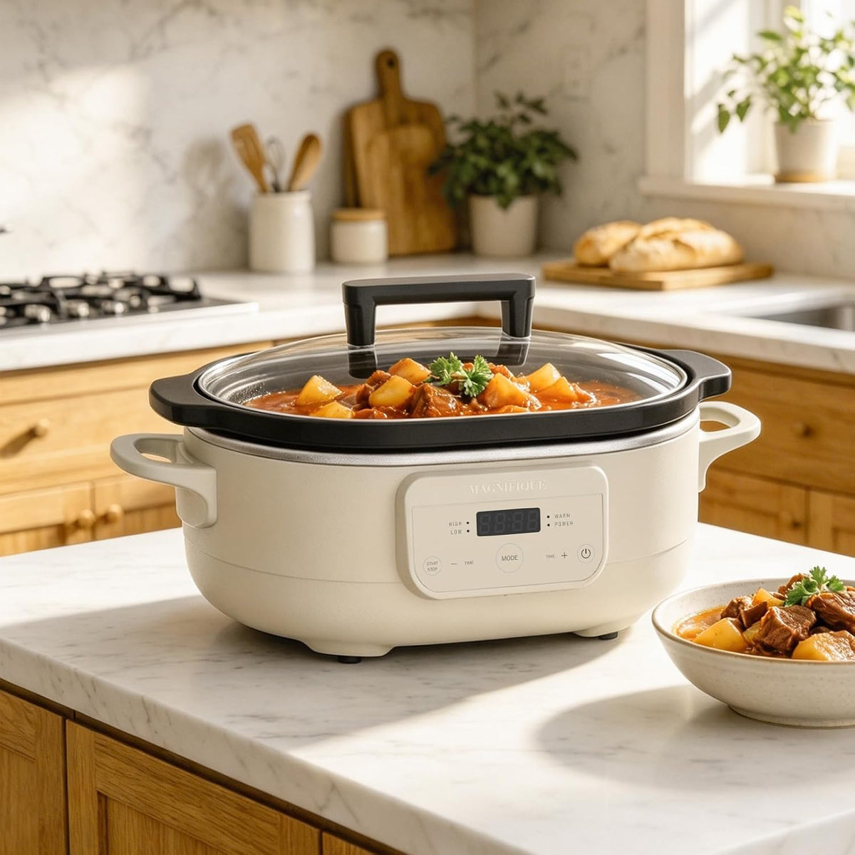 MAGNIFIQUE 6 Quart Programmable Slow Cooker Removable Healthy Nonstick Pot - Small Kitchen Appliance for Family Dinners - Serves 6+ People - Heat Settings: Keep Warm Oatmeal
