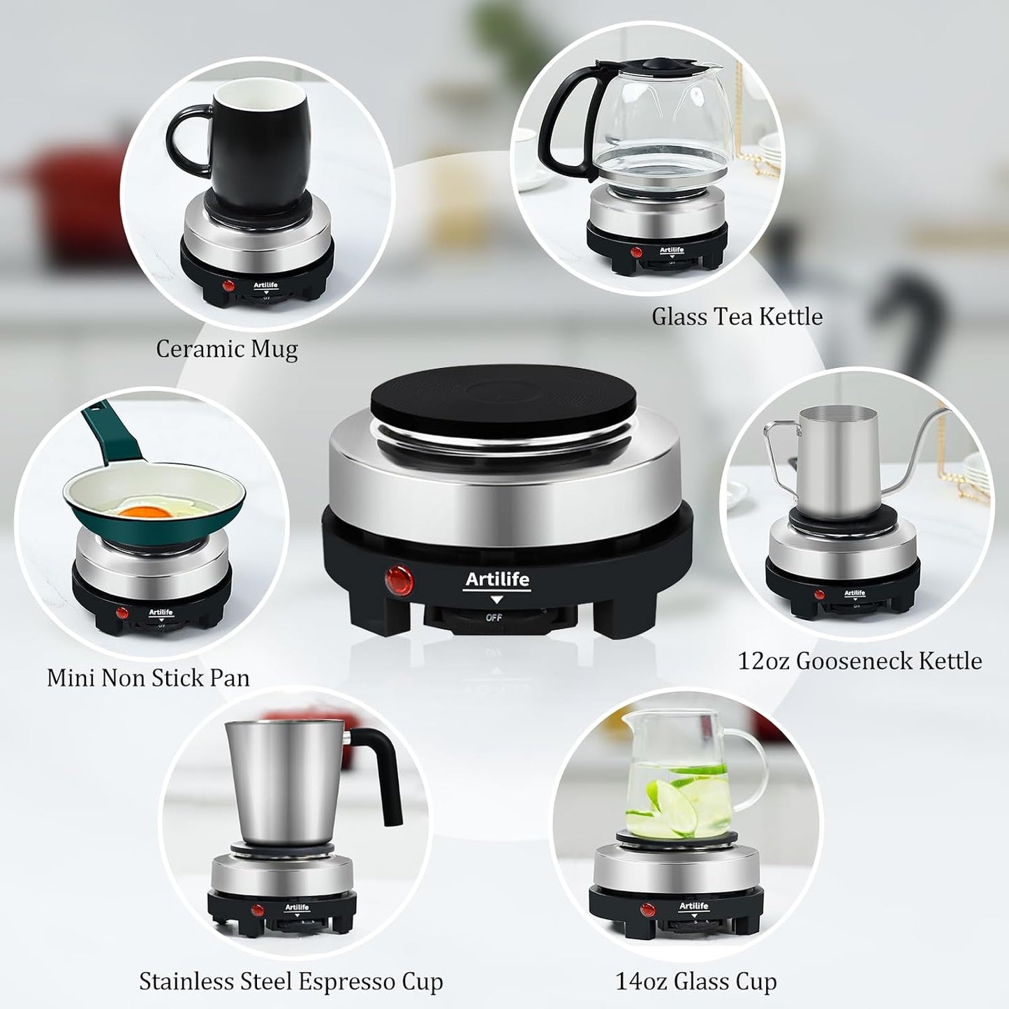 Artilife 500W Mini Electric Hot Plate - Moka Pot Special, 110V Compact RV Camping Stove, 4" Cast Iron Burner for Coffee, Low Wattage Portable (Silver)