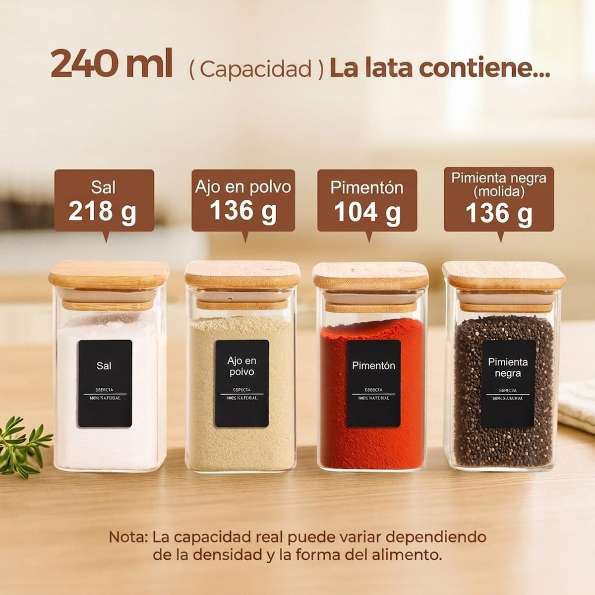 ComSaf Square Glass Spice Jars with Labels 8 oz 6 Pack with Bamboo Lids