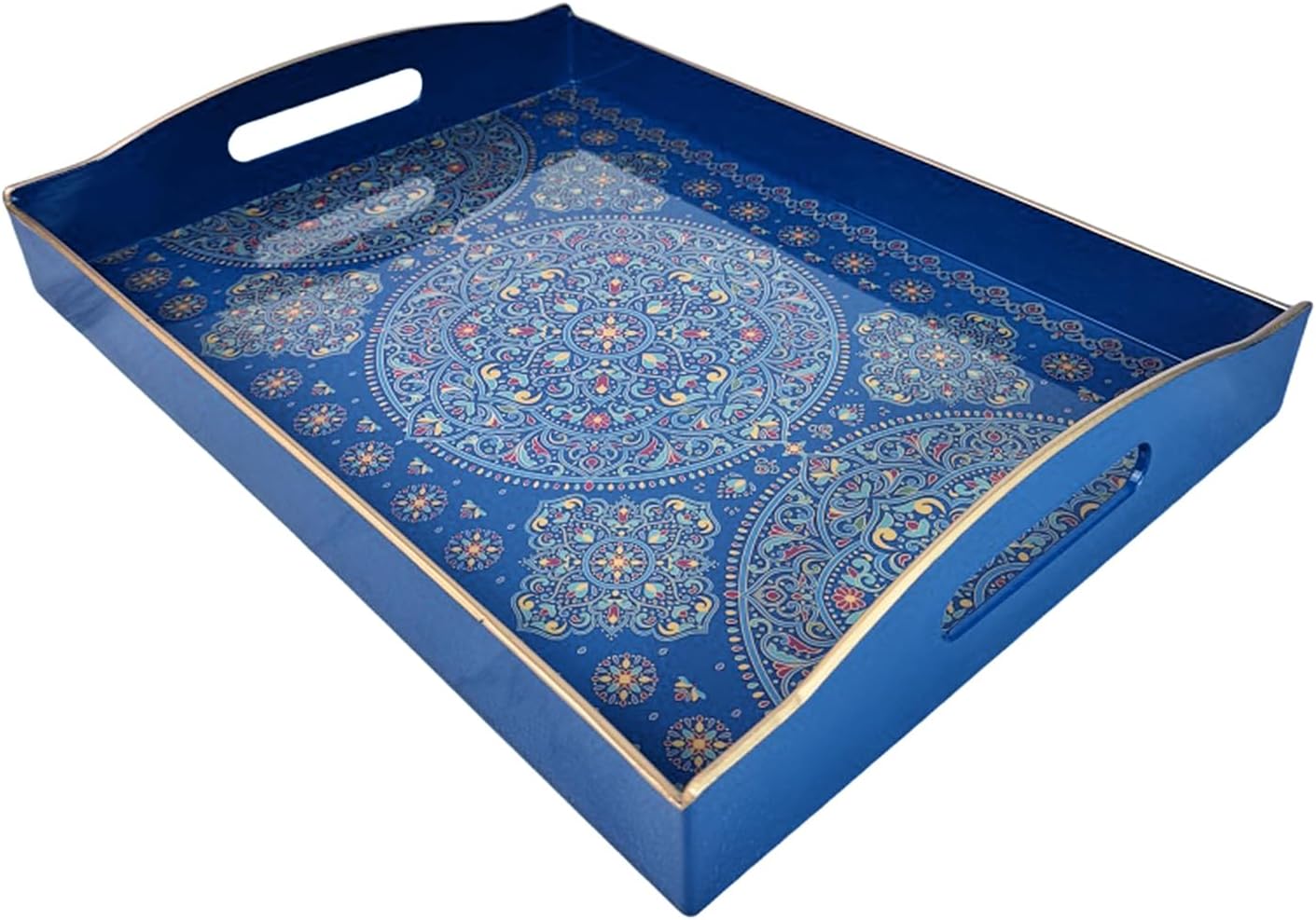 Boho Blue Decorative Tray, Serving Tray with Handles, Plastic Tray for Coffee Table, Ottoman - Ideal for Living Room &amp; Bathroom. 15” x 11” x 2.5”