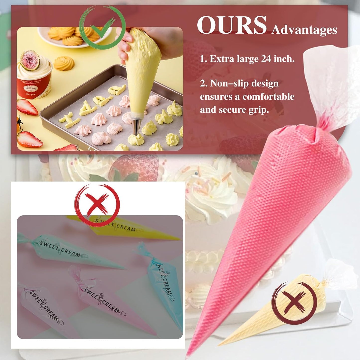Piping Bags 24 Inch, Large Piping Bags Disposable 100PCS, Pastry Icing Bags Thickened Non-Slip and Anti-Burst, Tipless Piping Bags for Royal Icing