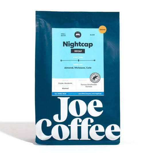 Joe Coffee Company (NYC Roaster), Nightcap Decaffeinated Ground Specialty Coffee, 12 oz Bag, RFA Certified, Kosher, Climate