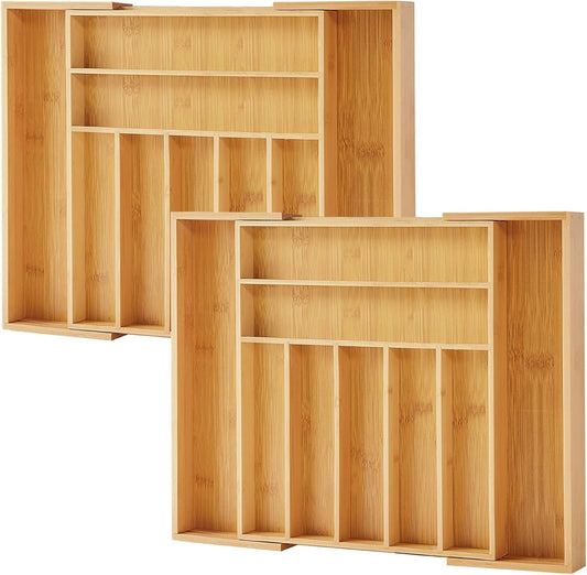 Bamboo Drawer Organizer, 2 Pack - Expandable Silverware Organizer & Utensil Drawer Organizer, Cutlery Tray with Dividers,