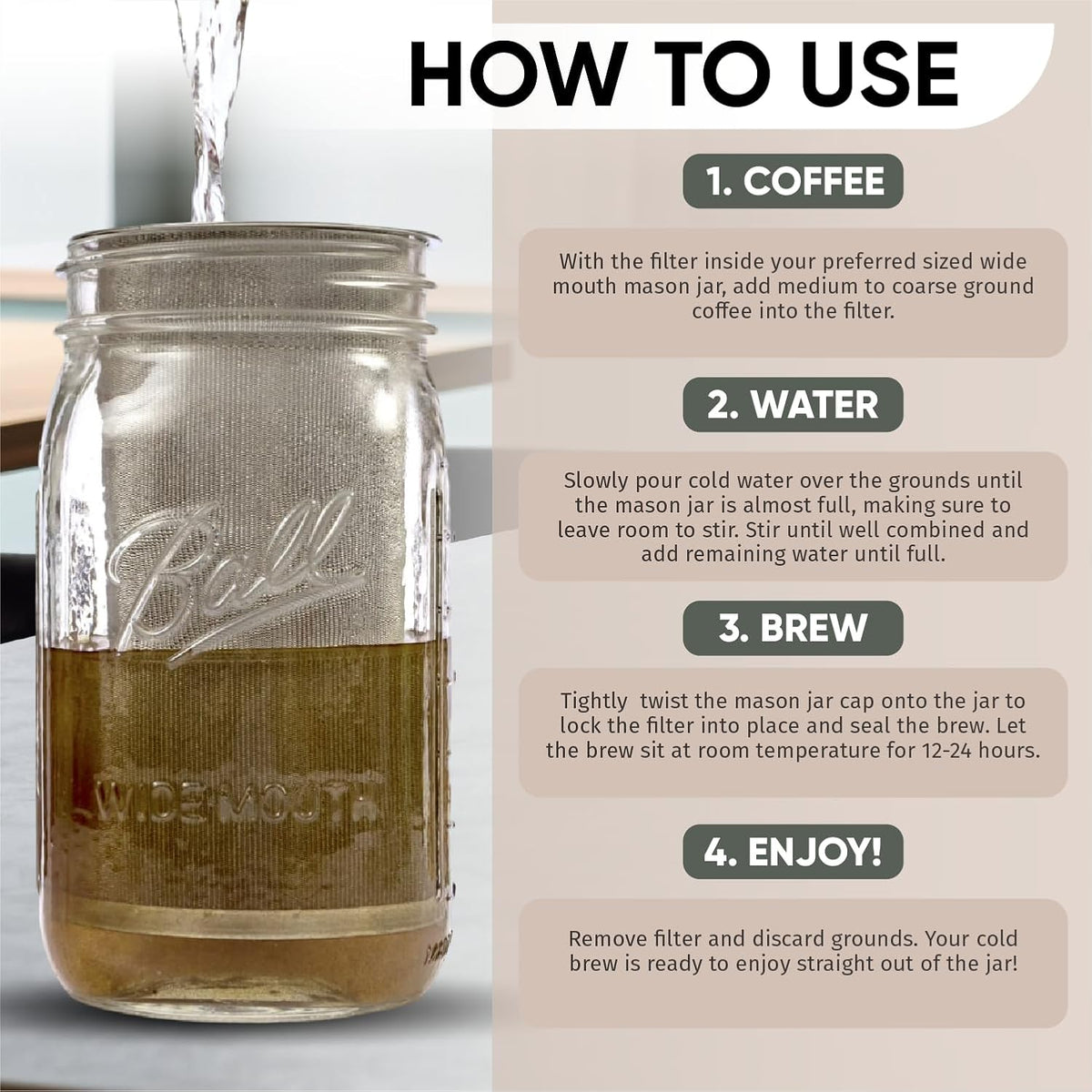 Altura The TUBE Cold Brew Coffee Maker and Tea Infuser for Wide Mouth Mason Jars - Stainless Steel Cold Brew Filter Strainer for Iced Coffee, Fruit Water &amp; More - (32oz/1qt)