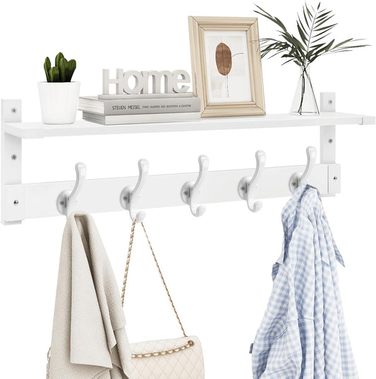 Homode Coat Rack With Wall Shelf, 29" Wooden Entryway Floating Shelf With Hooks Underneath, Hanging Coat Hanger for