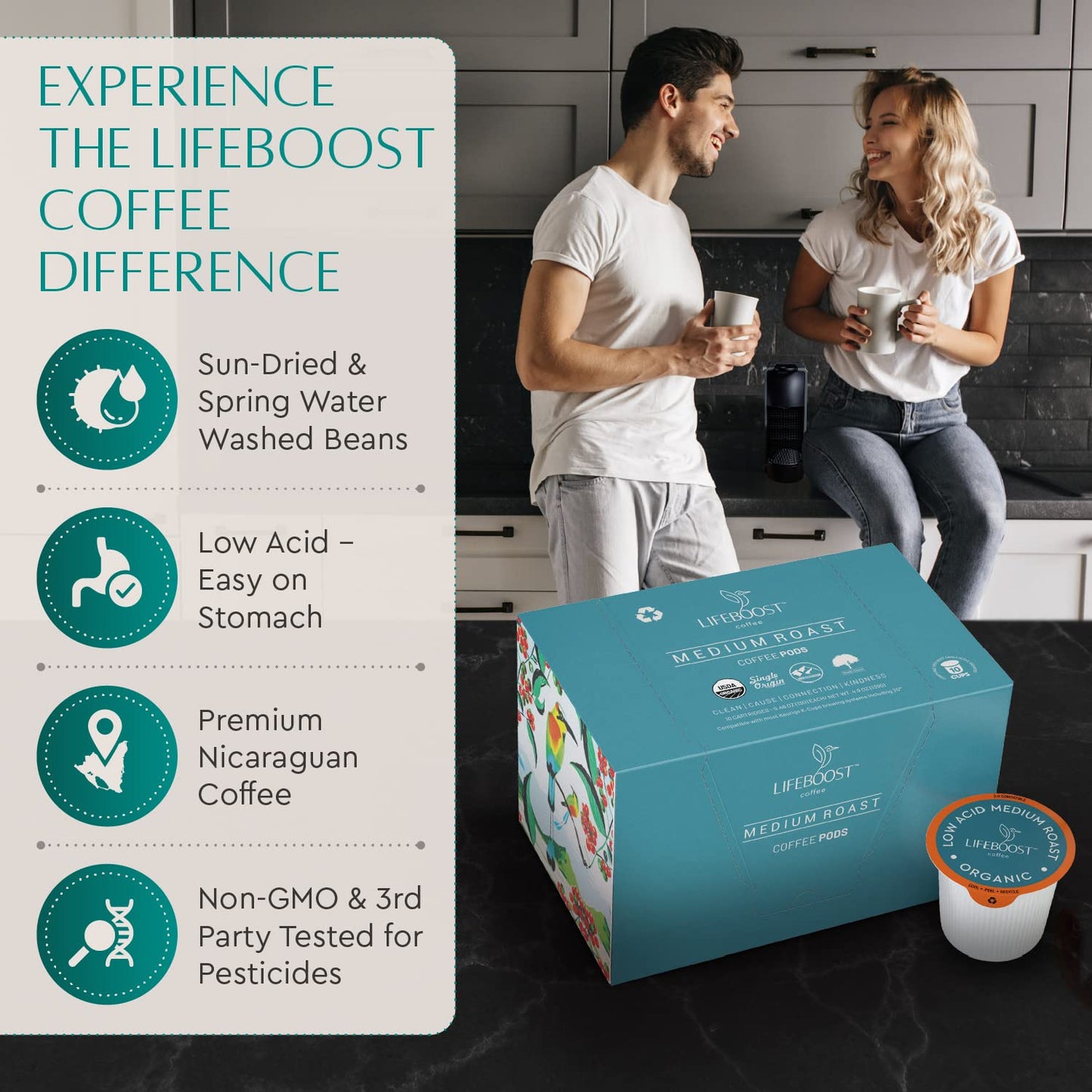 Lifeboost Medium Roast Low Acid Coffee K Cups - Single Origin Mold Free Non-GMO Organic Coffee Pods - Compatible with Keurig &amp; Keurig 2 Machines - 10 Count