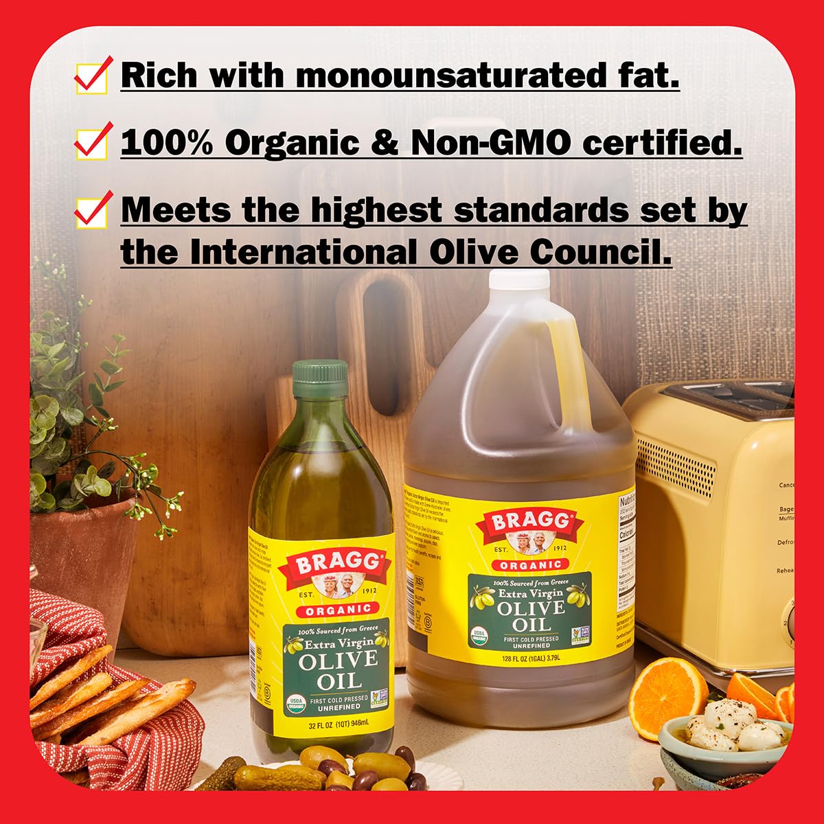 Bragg Organic Extra Virgin Olive Oil – Made with Greek Koroneiki Olives – Cold Pressed EVOO for Marinades &amp; Vinaigrettes – USDA Certified, Non-GMO, Kosher (128 Ounce) | USDA certified, non-GMO, kosher, rich in polyphenols, robust peppery finish, ideal