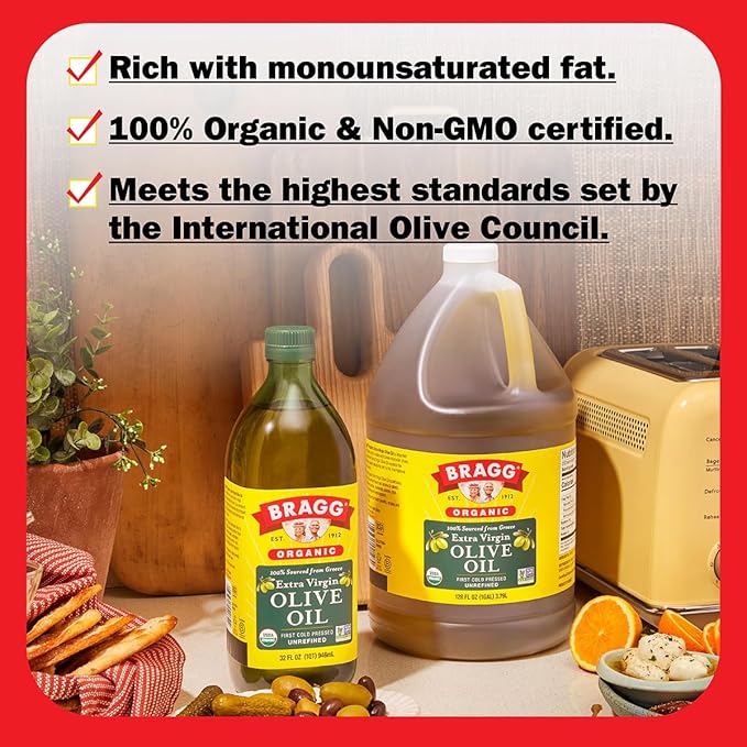 Bragg Organic Extra Virgin Olive Oil – Made with Greek Koroneiki Olives – Cold Pressed EVOO for Marinades & Vinaigrettes – USDA Certified, Non-GMO, Kosher (128 fluid Ounce)