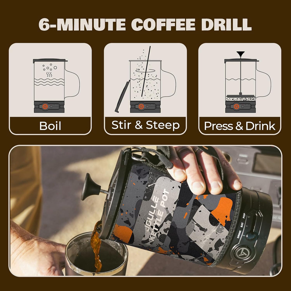 Portable Camping Coffee Maker, Electric French Press, Travel Kettle, 120V | 2-in-1 coffee maker and electric kettle for camping, travel and RV use; 16 oz capacity and 6-minute French press brewing.