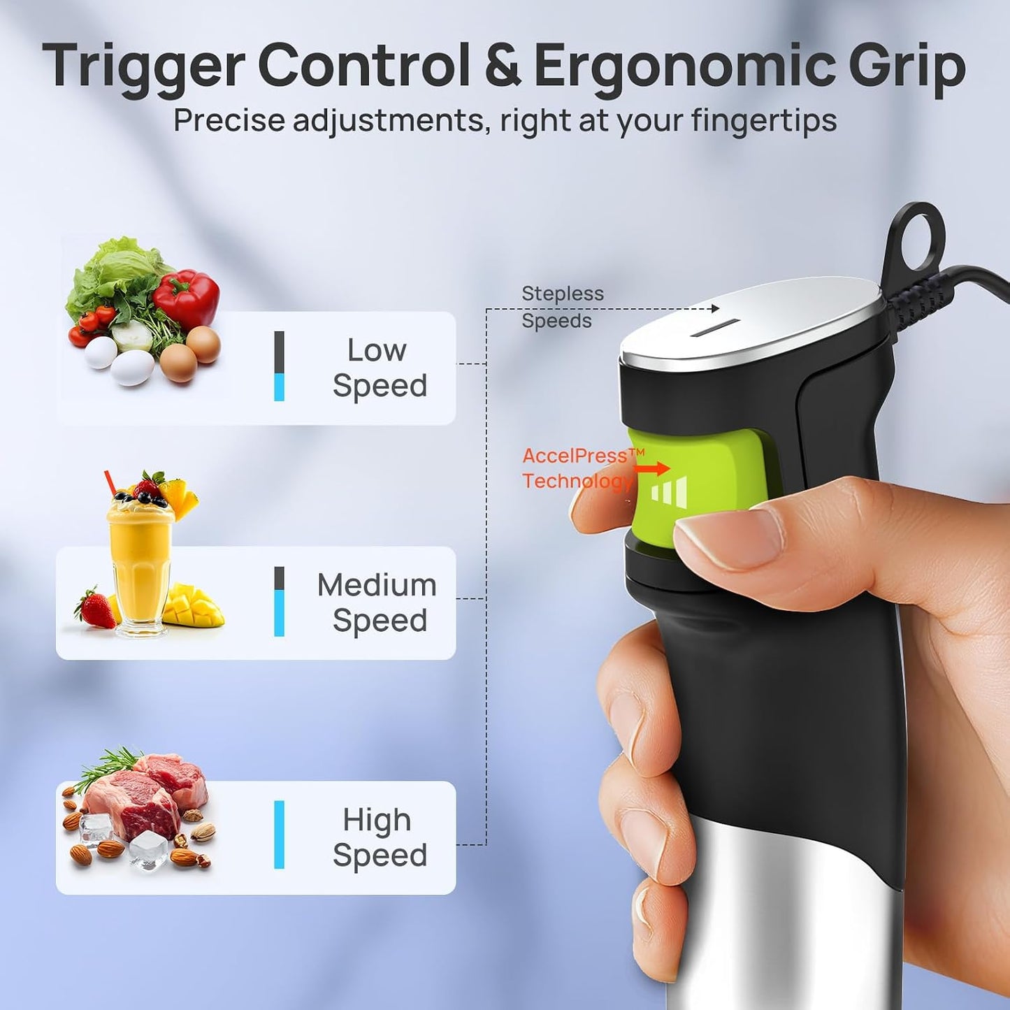 Consciot 7-in-1 Immersion Blender Handheld Max 1100W, Trigger Speed Control | Stick Emulsifier with Entire Stainless Steel Blender Shaft, 800ml Beaker, 600ml Chopper, Beaters, Frothers, Hooks &amp; Masher