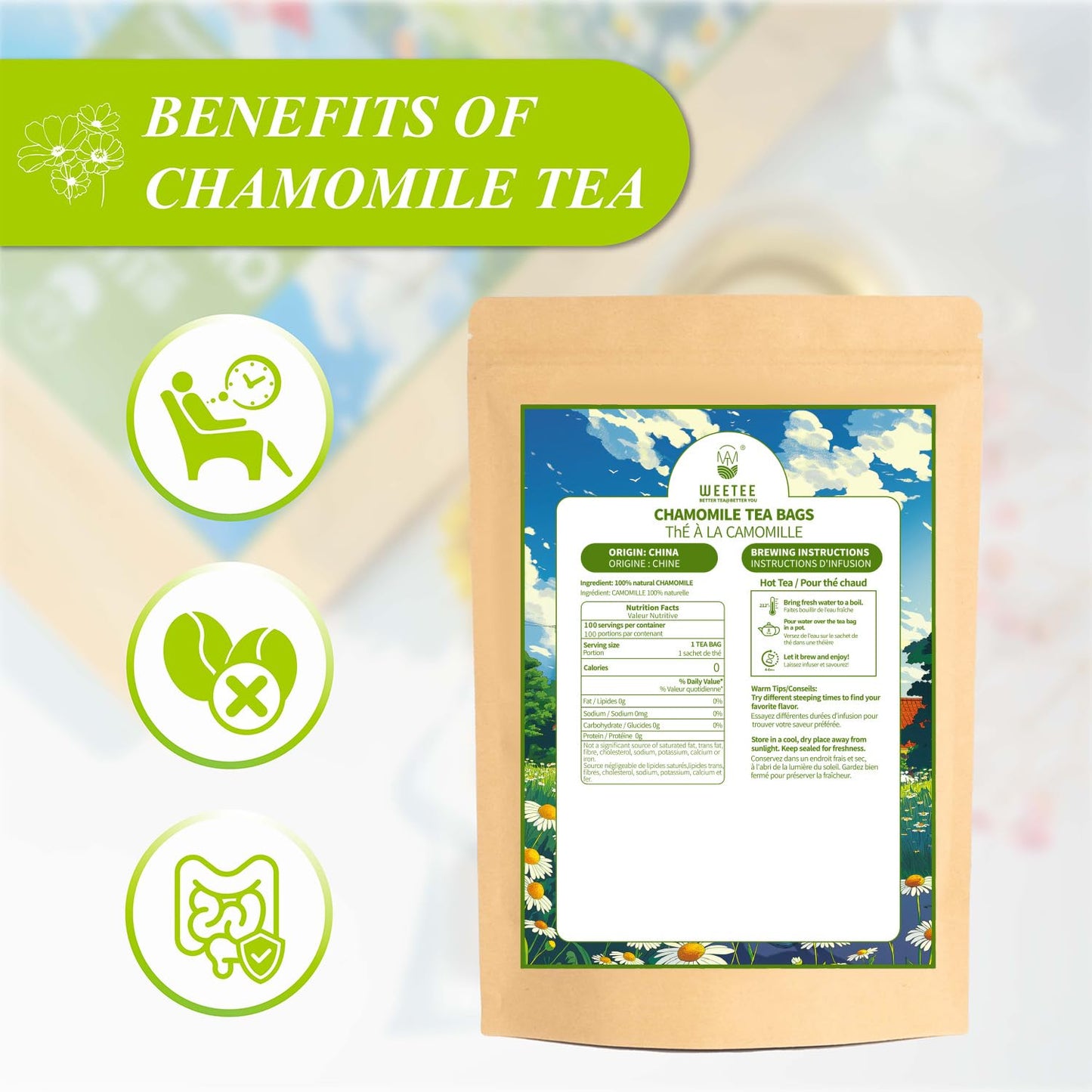 WT WEETEE Chamomile Tea Bags 100 Count, Caffeine-free Herbal for Bedtime