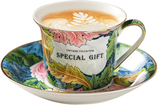 ACMLIFE Tea Cup and Saucer Set for 1, Vintage Floral Bone China Tea Cup Set with Saucer 24K Gold, Porcelain Tea Cup with
