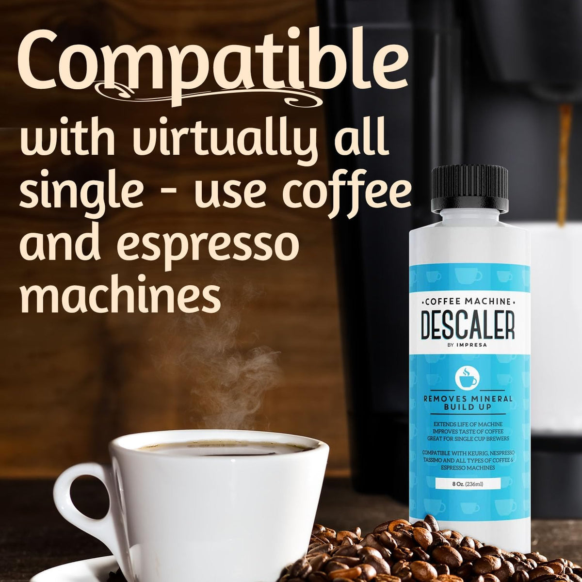 IMPRESA Coffee Machine Descaler - Machine-Safe Formula &amp; Descaling Solution - Universal Descaler for Coffee Maker Compatible with Keurig, Nespresso, Breville &amp; More - 3 Pack, 6 Uses, Made in USA