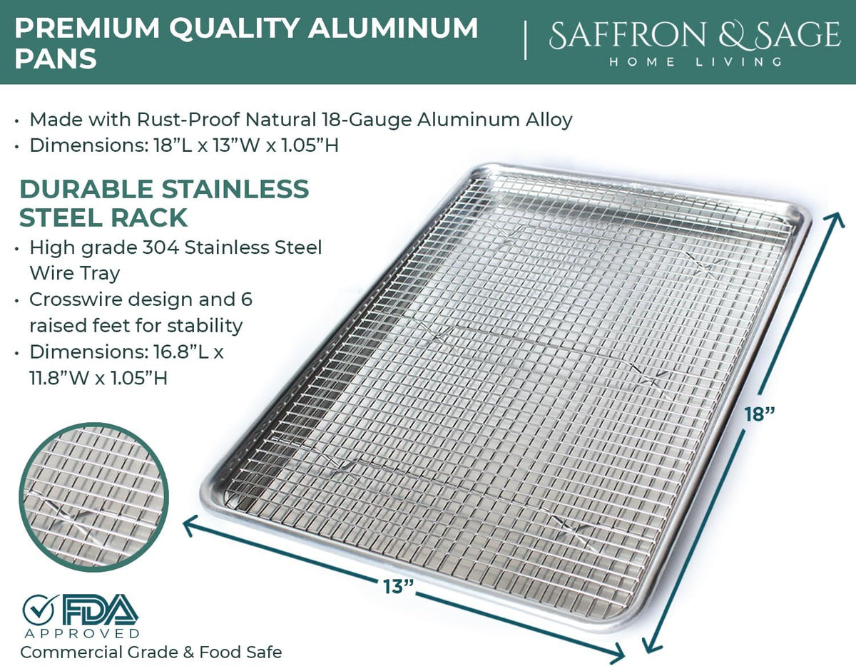 Commercial Quality Cookie Sheet and Rack - Aluminum Half Sheet Baking Pan and Stainless Steel Cooling Rack Set, 13x18 Rimmed Baking &amp; Roasting Tray is Rust &amp; Warp Resistant, Heavy Duty, of Thick Gauge