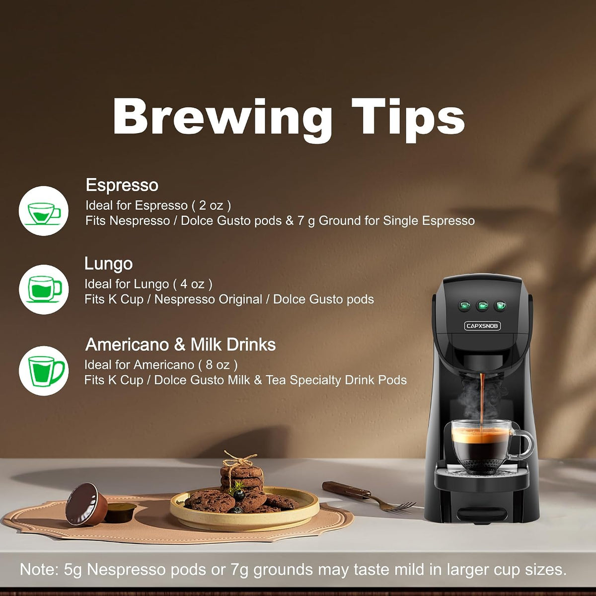 Warriors1 4-in-1 Coffee Maker &amp; Espresso Machine for Pods &amp; Grounds, 20Bar | Fits K Cup/Nespresso/Dolce Gusto/Grounds, 3 Cup Sizes, Custom Brew Time/Temp, 5.3"W for Home/Office, BPA-Free &amp; Durable Build