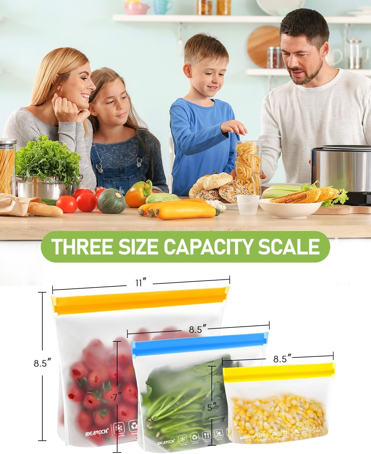 IDEATECH Gallon Freezer Food Containers, BPA Free PEVA Reusable Gallon Bags, Sandwich Bags, Lunch Baggies, Travel Healthy Food (Grey, 8Pack-8Gallon)