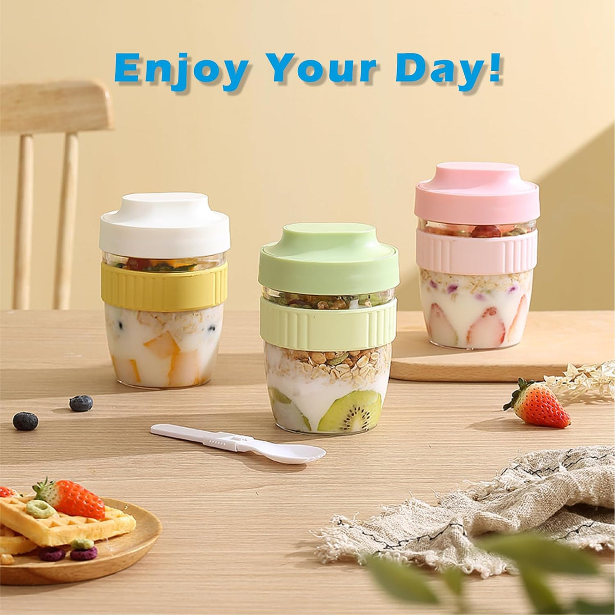 Breakfast On The Go Cups, Overnight Oats Containers With Lid And Folding Spoon, Take And Go Yogurt Cereal Snack Parfait Salad Containers For Lunch, Fruit & Vegetable Jar, 20 oz(Yellow)