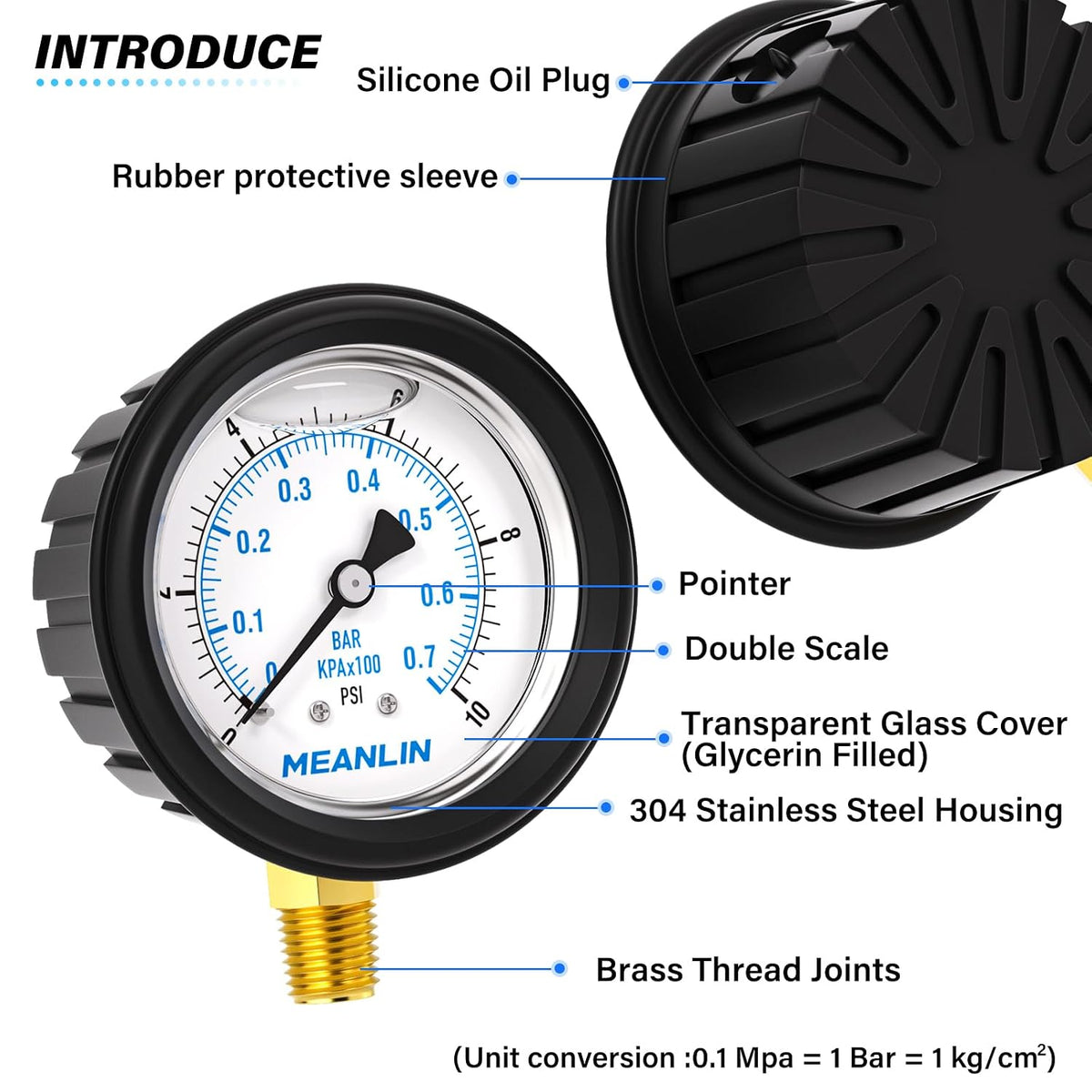 MEANLIN MEASURE 0~10Psi Stainless Steel 1/4" NPT 2.5" FACE DIAL Liquid Filled Pressure Gauge, Lower Mount (with Rubber Protective Sleeve), with 1/2" NPT and 3/8" NPT Hex Bushing