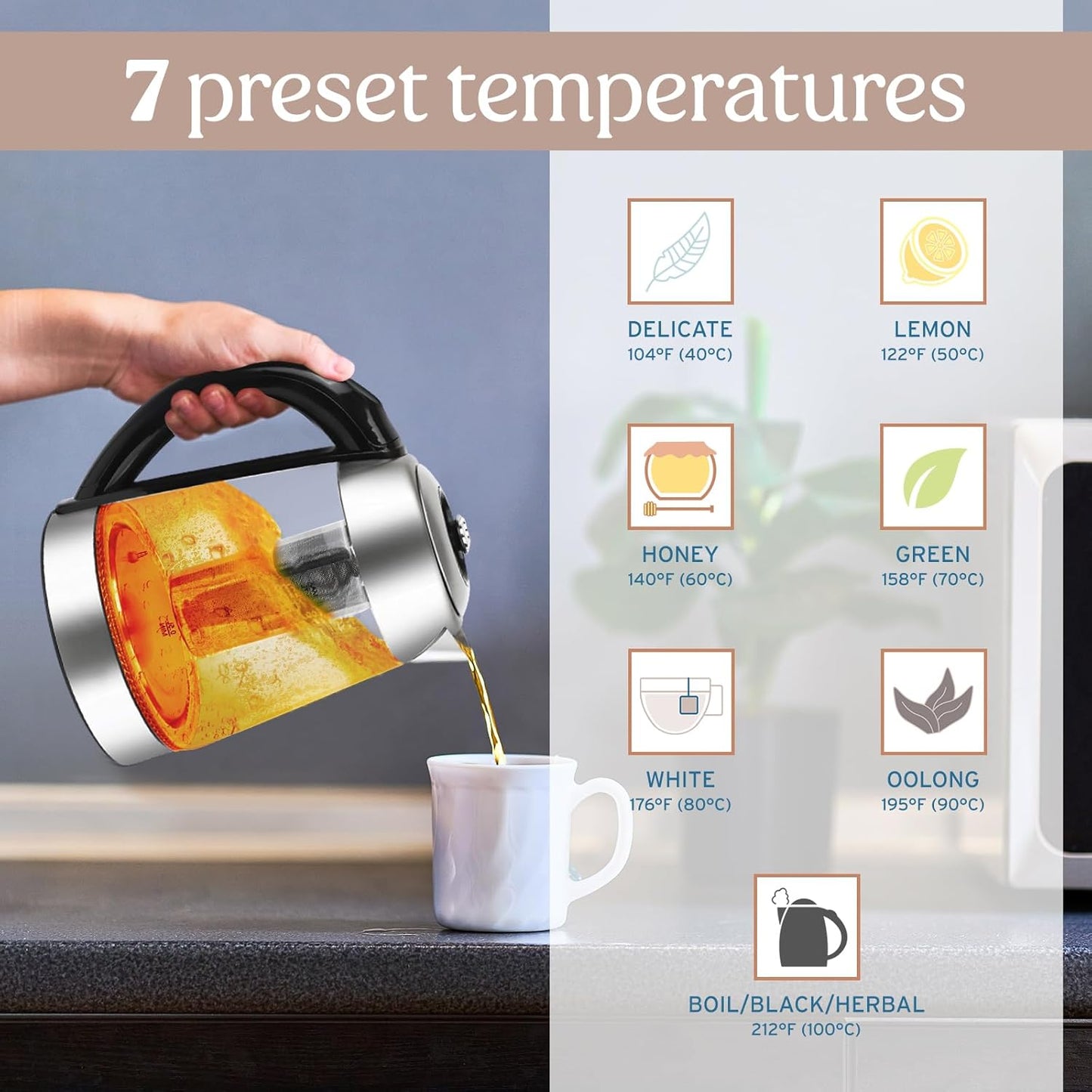 Nelo Electric Kettle with Removable Tea Infuser, 7 Temperature Presets, Digital Display, LED Indicator Lights, Glass Tea Kettle & Hot Water Boiler