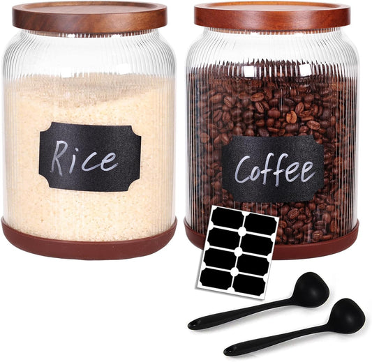 SAIOOL 2-Pack Striped Borosilicate Glass Airtight Canisters - Big mouth Large Capacity, Acacia Wood Lid, Food Storage Jars