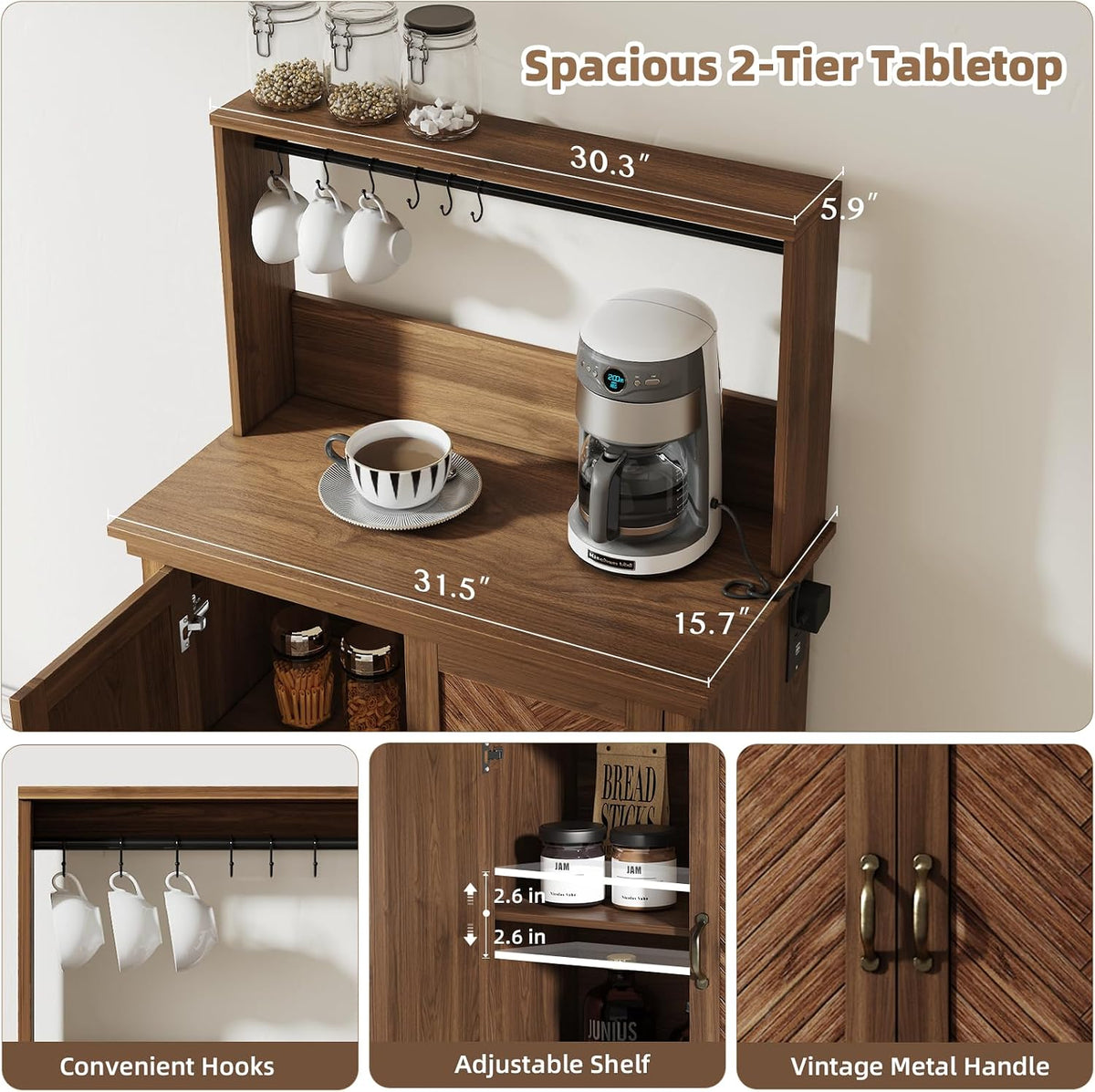 JOINICE Coffee Bar Cabinet with Storage and Charging Station,Walnut | Farmhouse,Herringbone Panel,31.5" Countertop Space,Holds 100lbs,Open Top Shelf+Adjustable Shelf,USB/AC,6-Hook,Easy Assembly