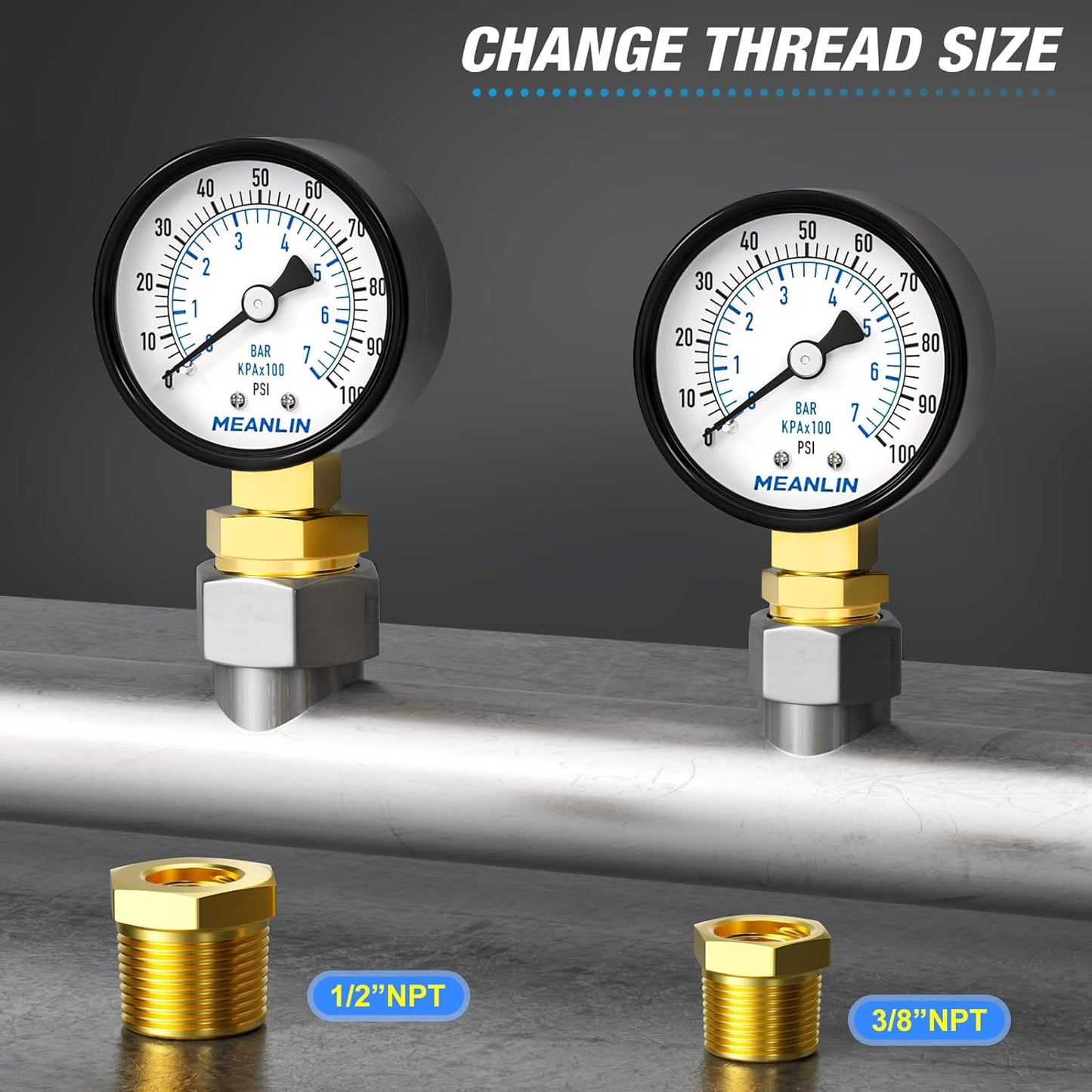 MEANLIN MEASURE 0-100Psi 2" DIAL FACE 1/4" NPT Well Pump Pressure Gauge, with 1/2" NPT and 3/8" NPT Hex Bushing, 3-2-3% Accuracy, Lower Mount