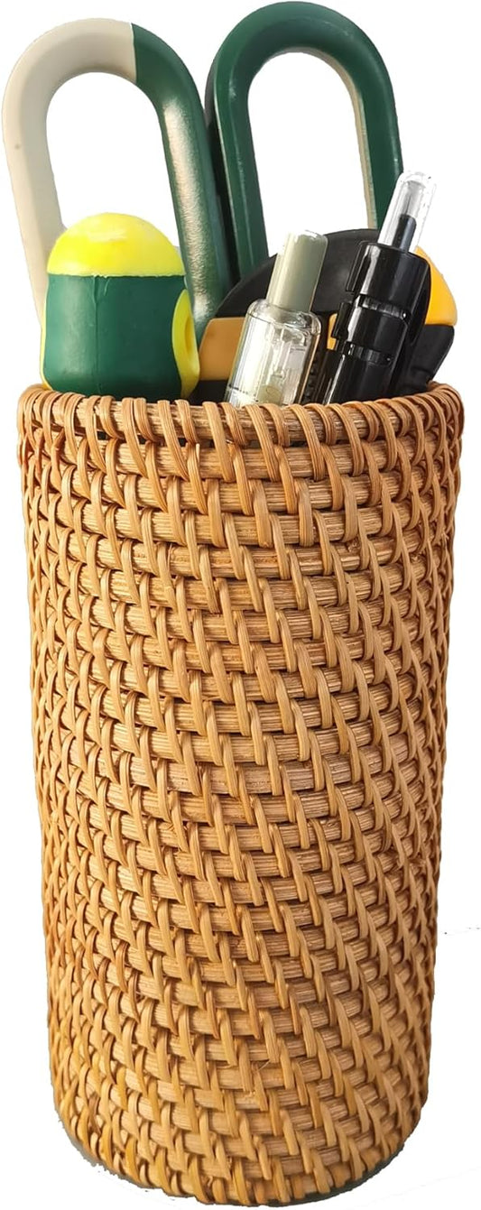 Handmade High Wall Rattan Pen Cup,Tea Items Desk Holder,Wicker Pencil Décor Holder Flower Vase For Dry Flower,Rustic Makeup
