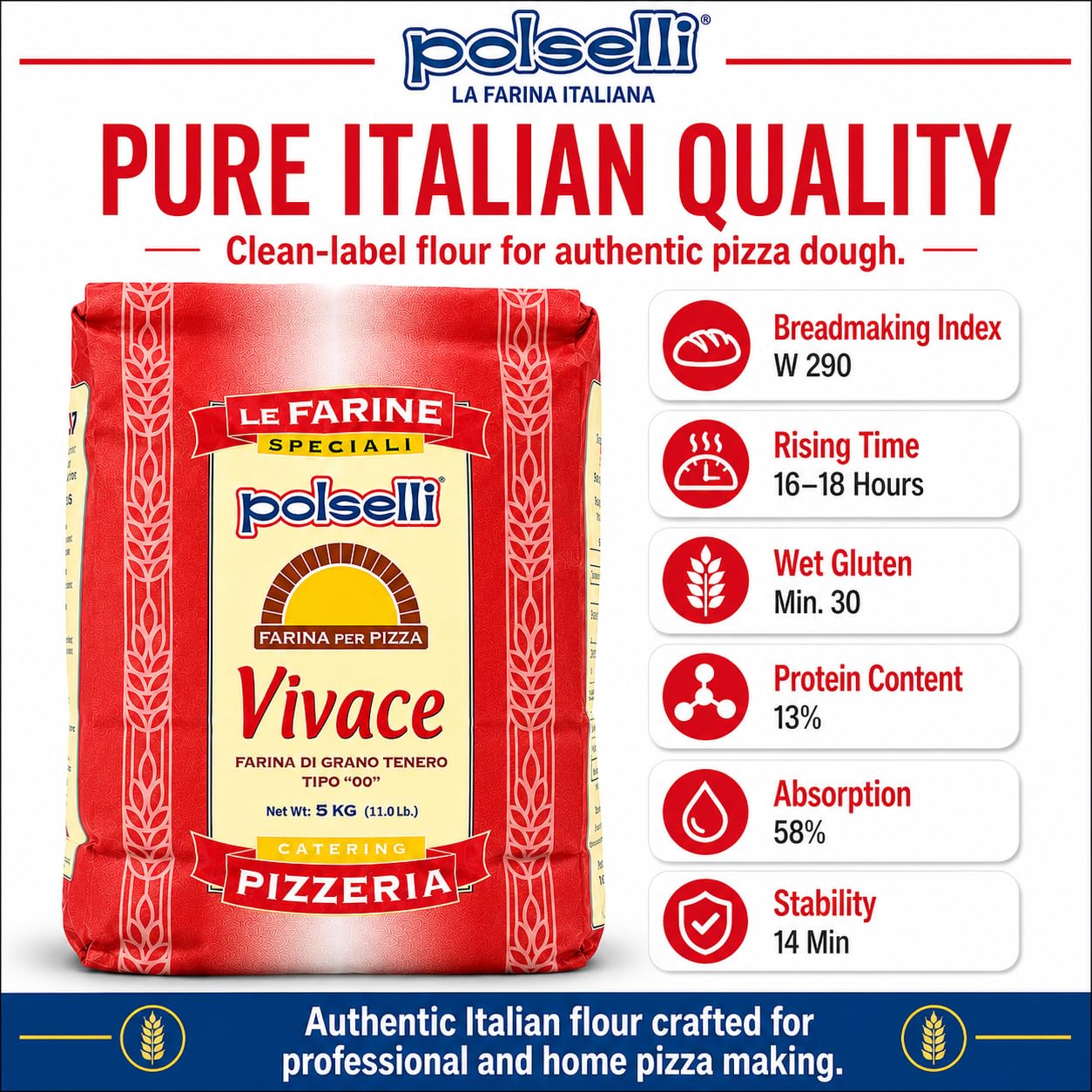 POLSELLI Vivace, Type 00 Double Zero Flour, Artisan Pizza Dough Mix, 5 kg
