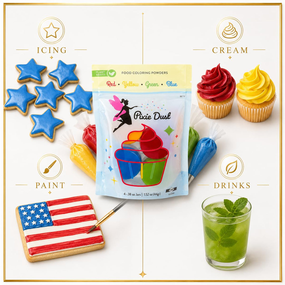 Pixie Dust Natural Food Coloring Powder, Red, Yellow, Blue &amp; Green Dye Free | Perfect for cake decorating, cookie frosting, icing &amp; drinks. Plant based, flavorless, kosher. Set of 4, 0.17 oz each.
