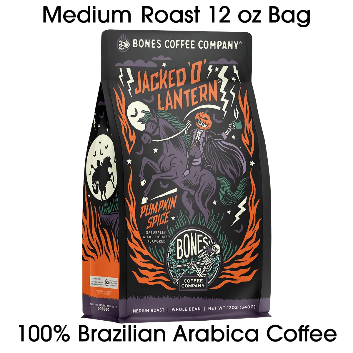Bones Coffee Company Jacked 'O' Lantern, Pumpkin Spice Flavored Coffee, Medium Roast Low Acid Arabica Beans Compatible with Auto drip and French Press Coffee Maker, 12 Oz Ground