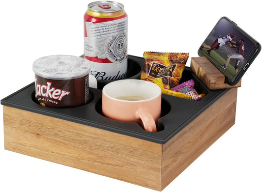 Couch Cup Holder Tray, Soft Food Grade Silicone Acacia Wooden Couch Caddy for Bed Car Seat Beach Organizer, Waterproof