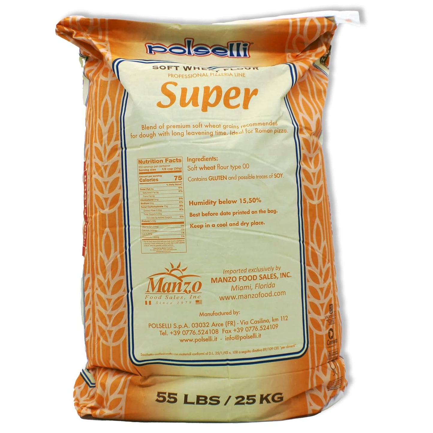 POLSELLI Super, Tipo 00 Double Zero Flour, Soft Wheat Flour, 25 kg (55 lbs)