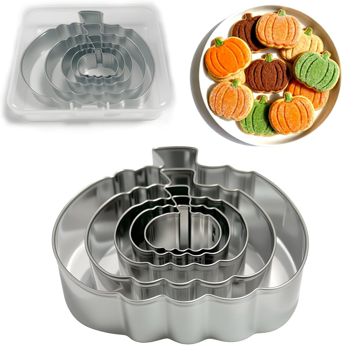 Pumpkin Cookie Cutters Set with Box, Set of 5 | Stainless Steel, 3.94'', 2.95'', 2.05'',1.57'', 1.18'', Metal Biscuit Mold for Halloween Fall Holiday Baking &amp; Decoration