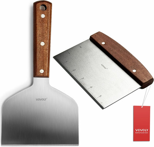 Vovoly Multipurpose Bench Scraper Kitchen Utensil for Flat Top Griddle, Dough Cutter for Bread and Pizza Dough - Stainless