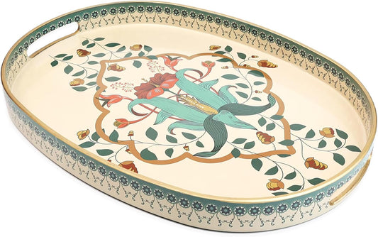 Oval Plastic Serving Tray with Handles, Elegant Decorative Tray for Coffee Table, Ottoman, Living Room, Kitchen, Outdoor