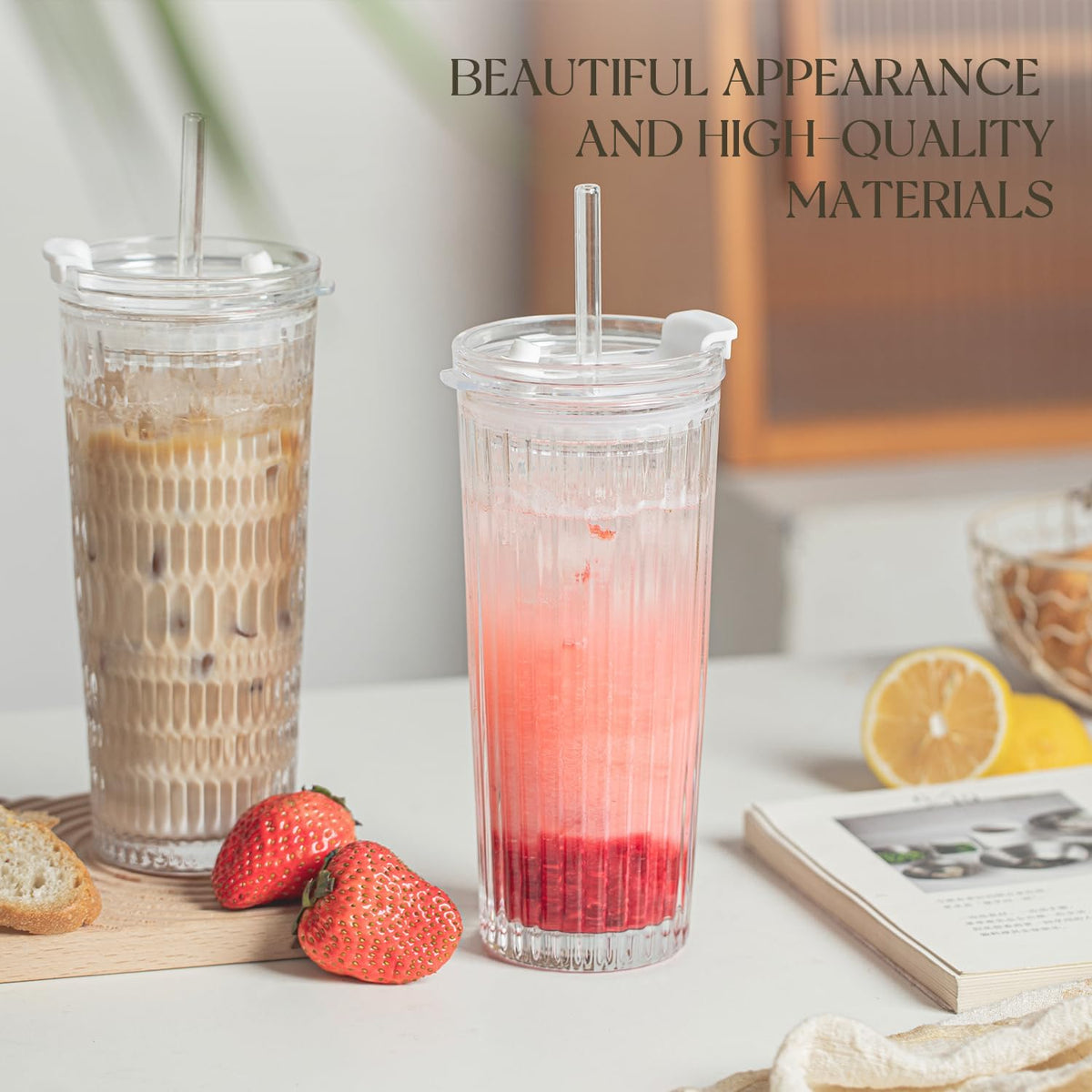 KEMORELA Ribbed Glass Tumbler with Straw and Lid – 18oz Durable Leak-Proof Drinking Cup for Hot and Cold Beverages – Stylish Design, Ideal for Iced Coffee, Smoothies, and More (2PCS-A)
