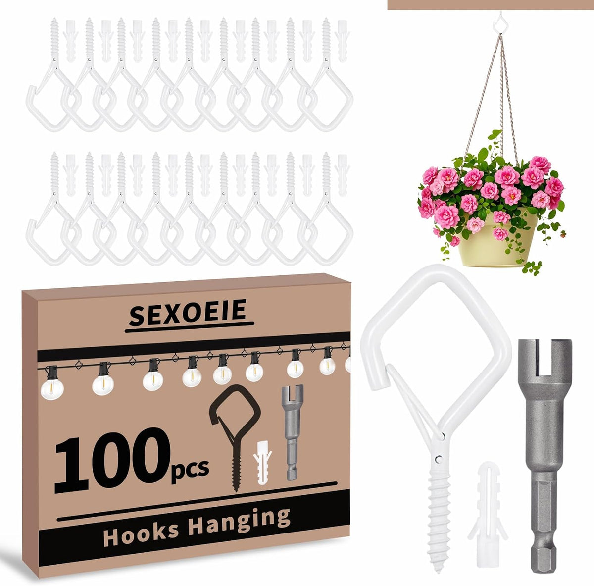 100 PCS White Eye Screw Hooks for Hanging Heavy Duty with Safety Buckle.Metal Ceiling Hooks for Hanging Plants Cup Wind Chime Bird Feeders Patio Lights At Indoor&amp;Outdoor