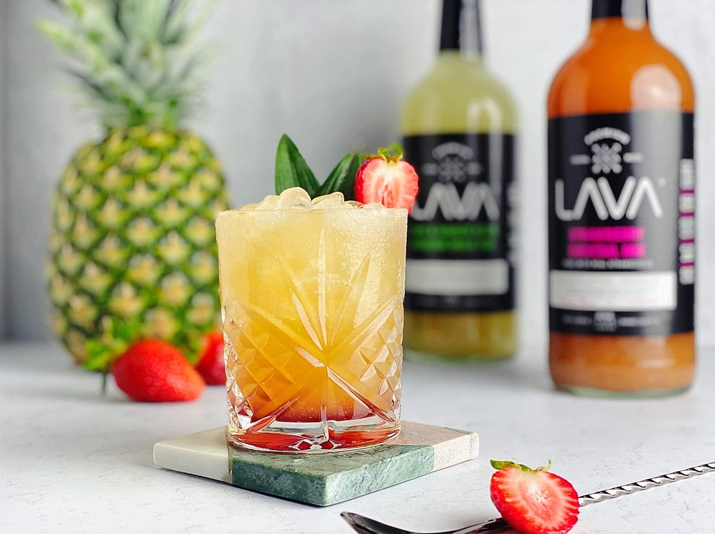 LAVA Premium Strawberry Margarita Mix Strawberry Daiquiri Mix, Made with Real Strawberries, Agave, Key Lime, No Artificial Sweeteners, Lots of Flavor, Ready to Use, 1-Liter (33.8oz) Glass Bottle