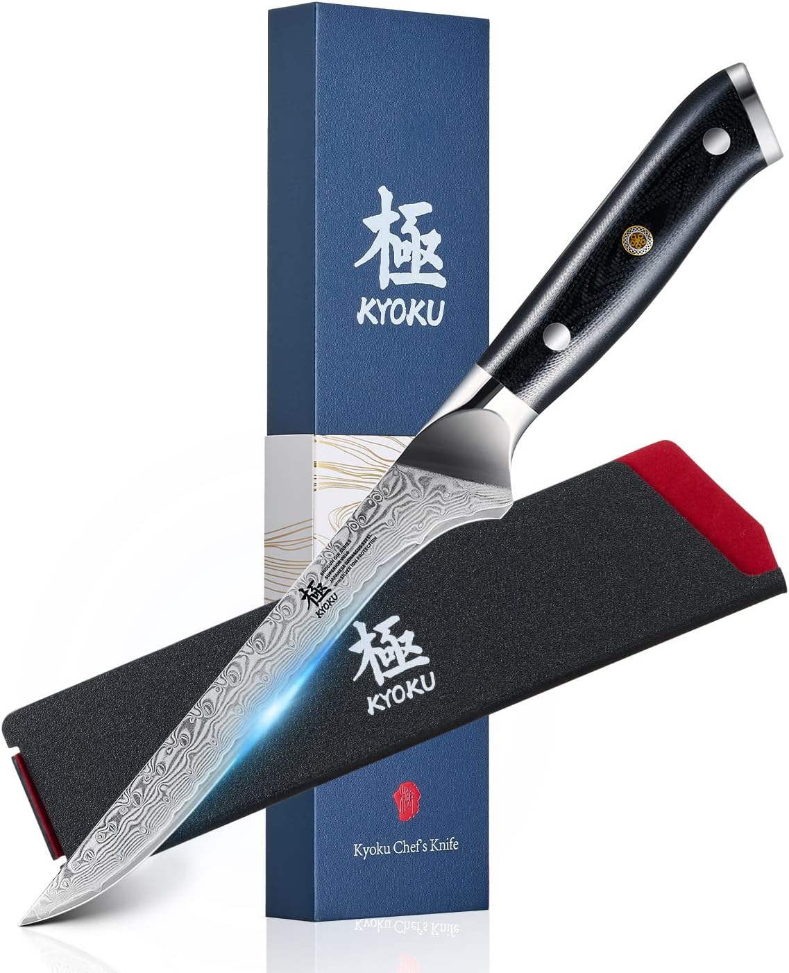 KYOKU Gin Series Boning Knife, 7" Butcher Knife, Japanese VG10 Damascus Stainless Steel Kitchen Knife with Silver Ion Blade G10 Handle Mosaic Pin, Multipurpose Fillet Knife for Meat Fish &amp; More