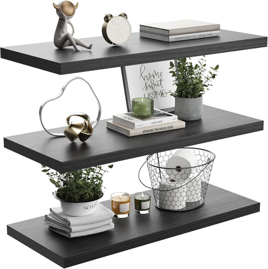 Wall Shelf Set of 3,Dark Wood Floating Shelves 24 in W x 10 in D x 1 in H, Wooden Floating Wall Shelf with Invisible