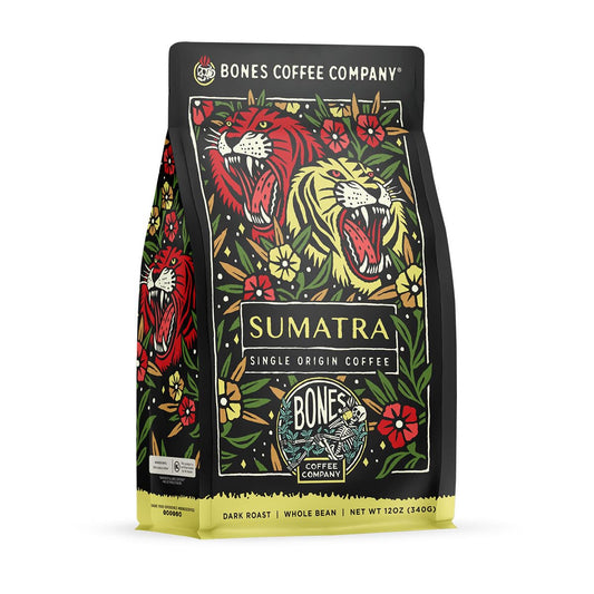 Bones Coffee Company Sumatra Single-Origin, Dark Chocolate, Smoky Earthy Notes, Whole Coffee Beans, Low Acid Darl Roast