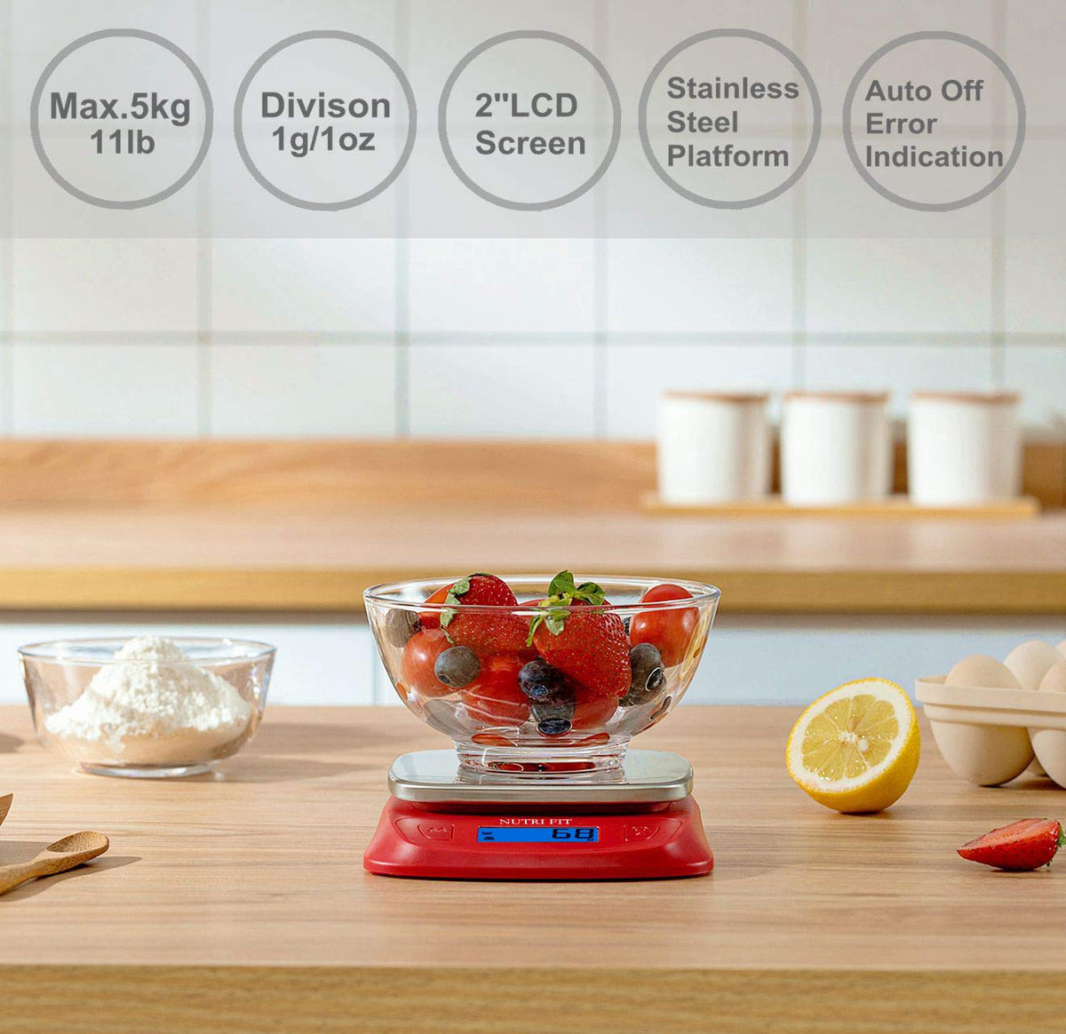 Ultra Slim Food Scale Digital Kitchen Scales Weight Grams Oz Red | Stainless Steel Panel, 1g Increment, Max 11lbs, Backlit Screen, High Precision, Coffee Making, Meal Prep, Include Batteries