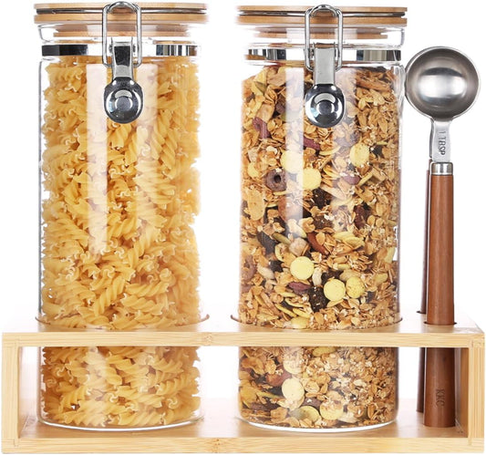 KKC Airtight Tall Glass Coffee Sugar Jar Canisters with Hinged Lids and Scoops for Kitchen Countertop,Sealed Glass